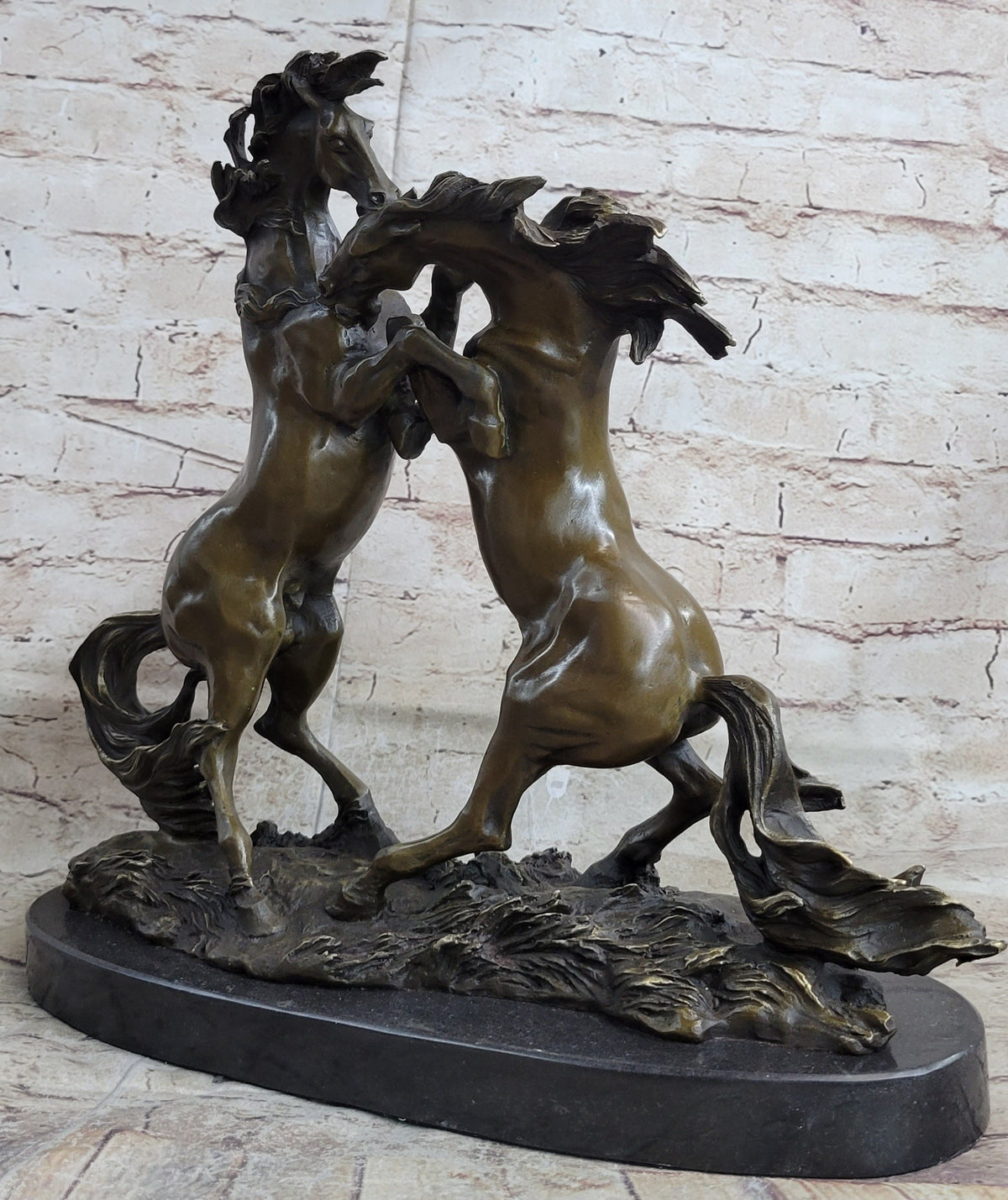 Dueling Stallion Horses Rearing Bronze Sculpture Marble Base
