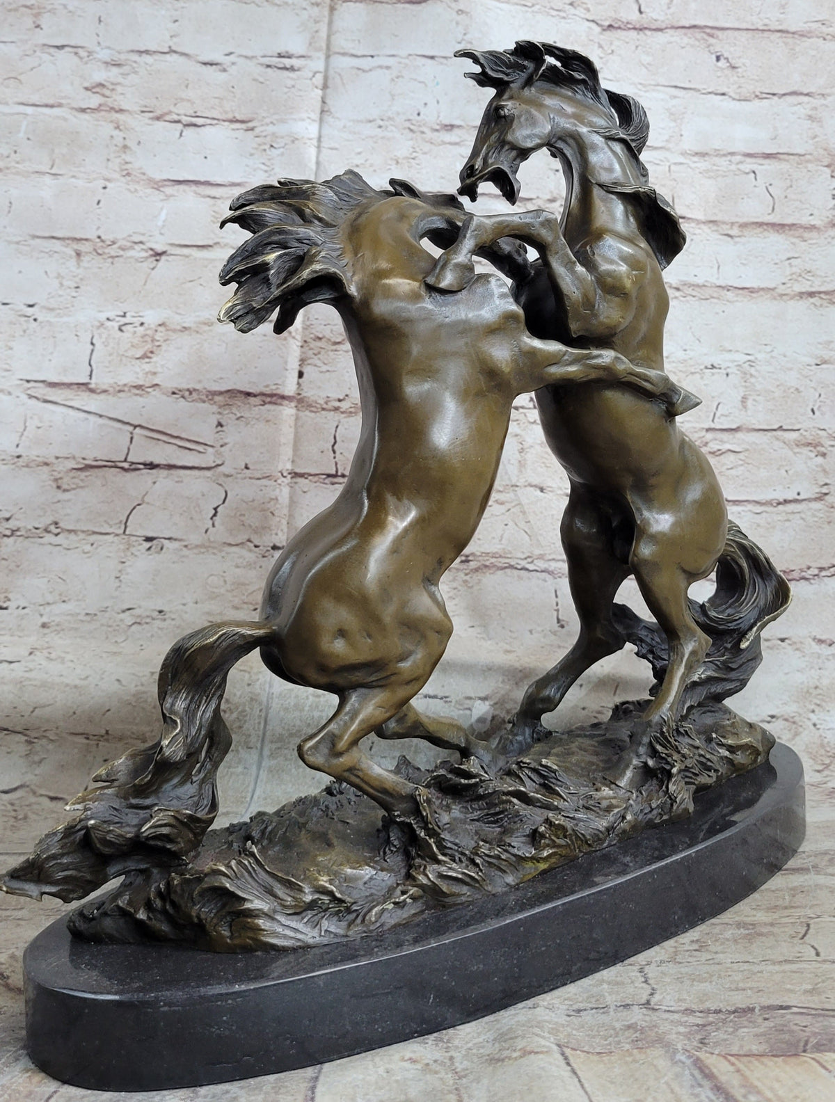 Dueling Stallion Horses Rearing Bronze Sculpture Marble Base
