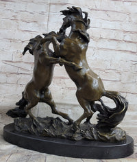 Dueling Stallion Horses Rearing Bronze Sculpture Marble Base