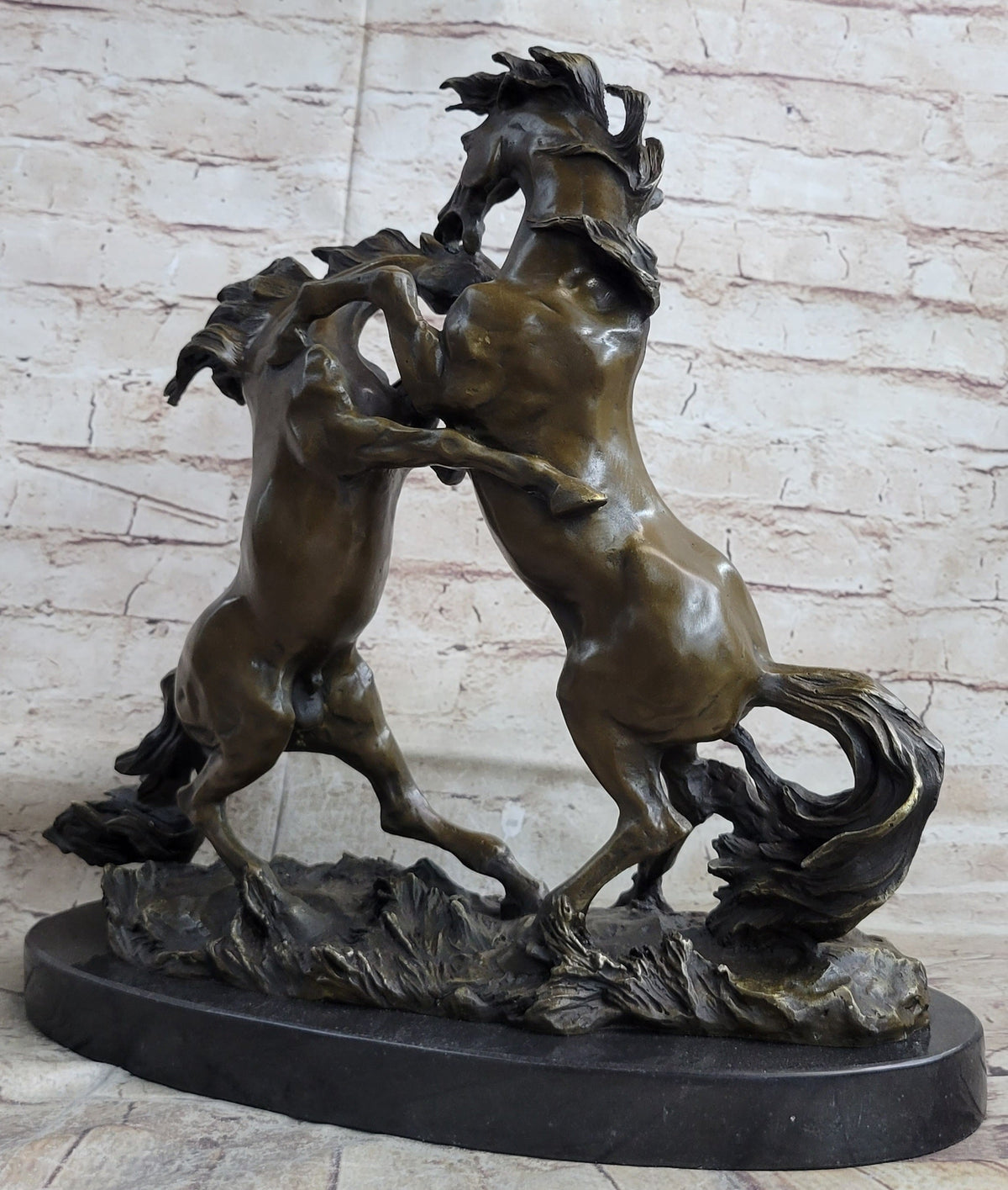 Dueling Stallion Horses Rearing Bronze Sculpture Marble Base