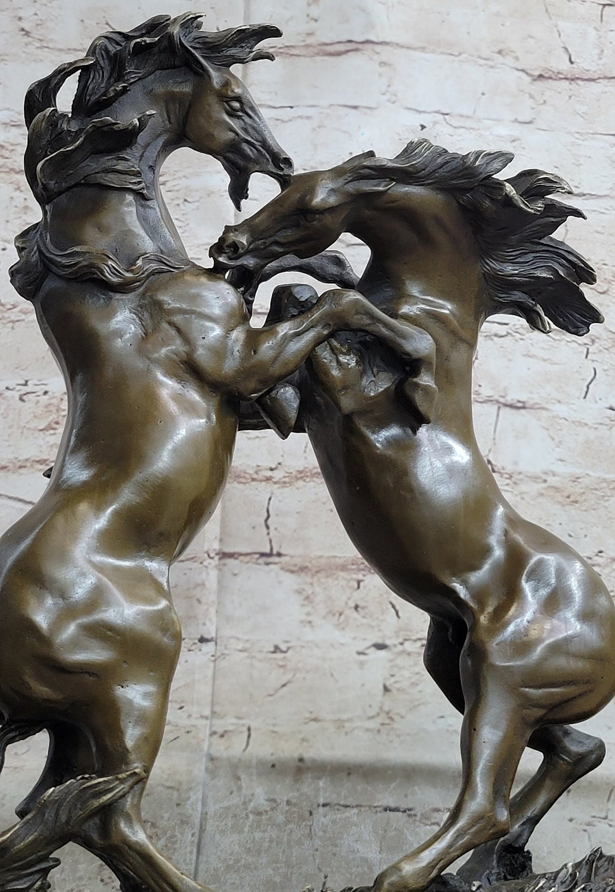 Dueling Stallion Horses Rearing Bronze Sculpture Marble Base