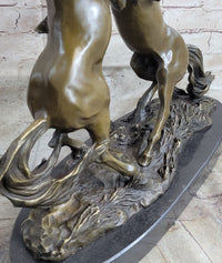 Dueling Stallion Horses Rearing Bronze Sculpture Marble Base