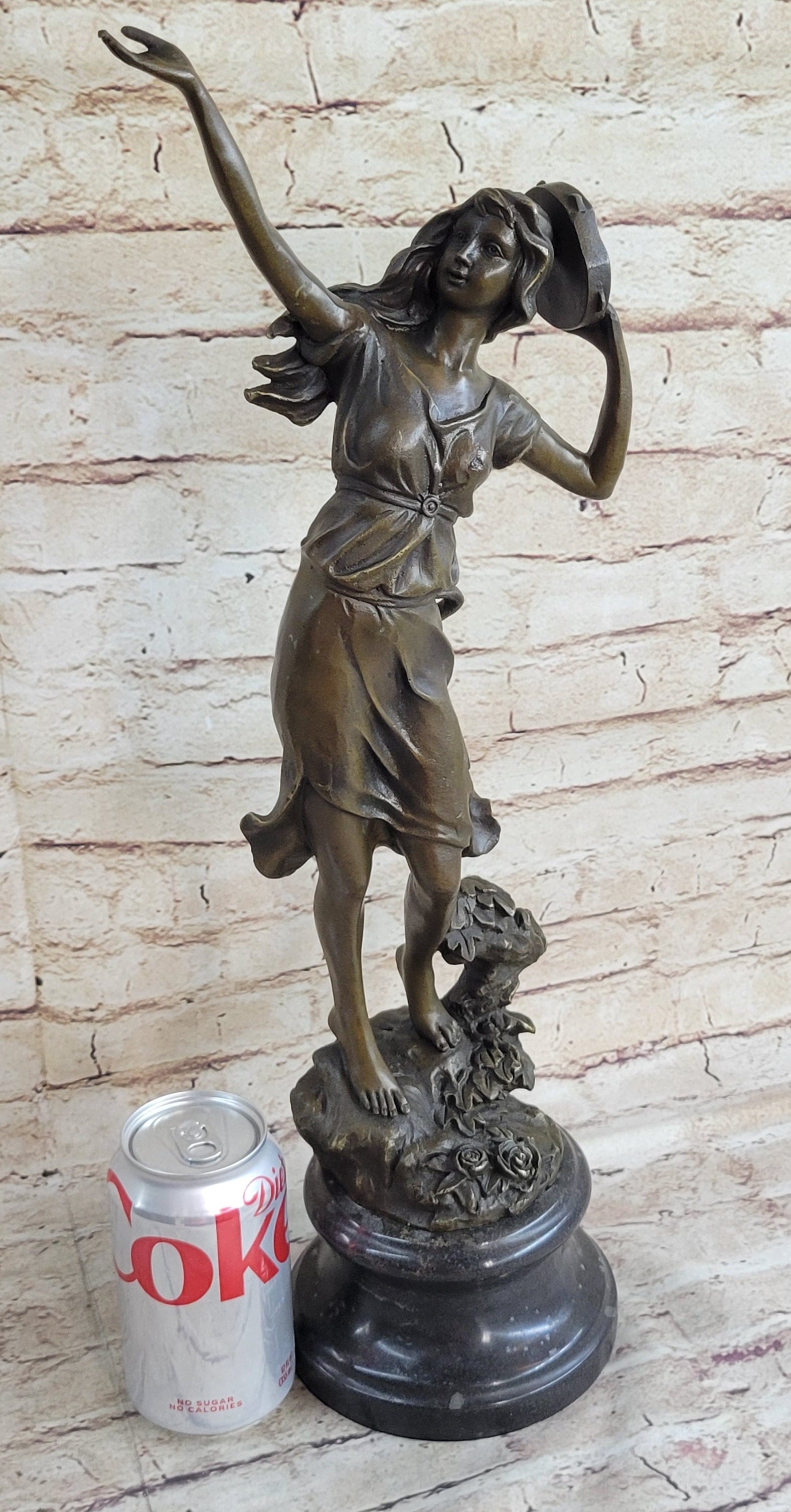 Girl Playing Tambourine Bronze Sculpture 20" x 9"