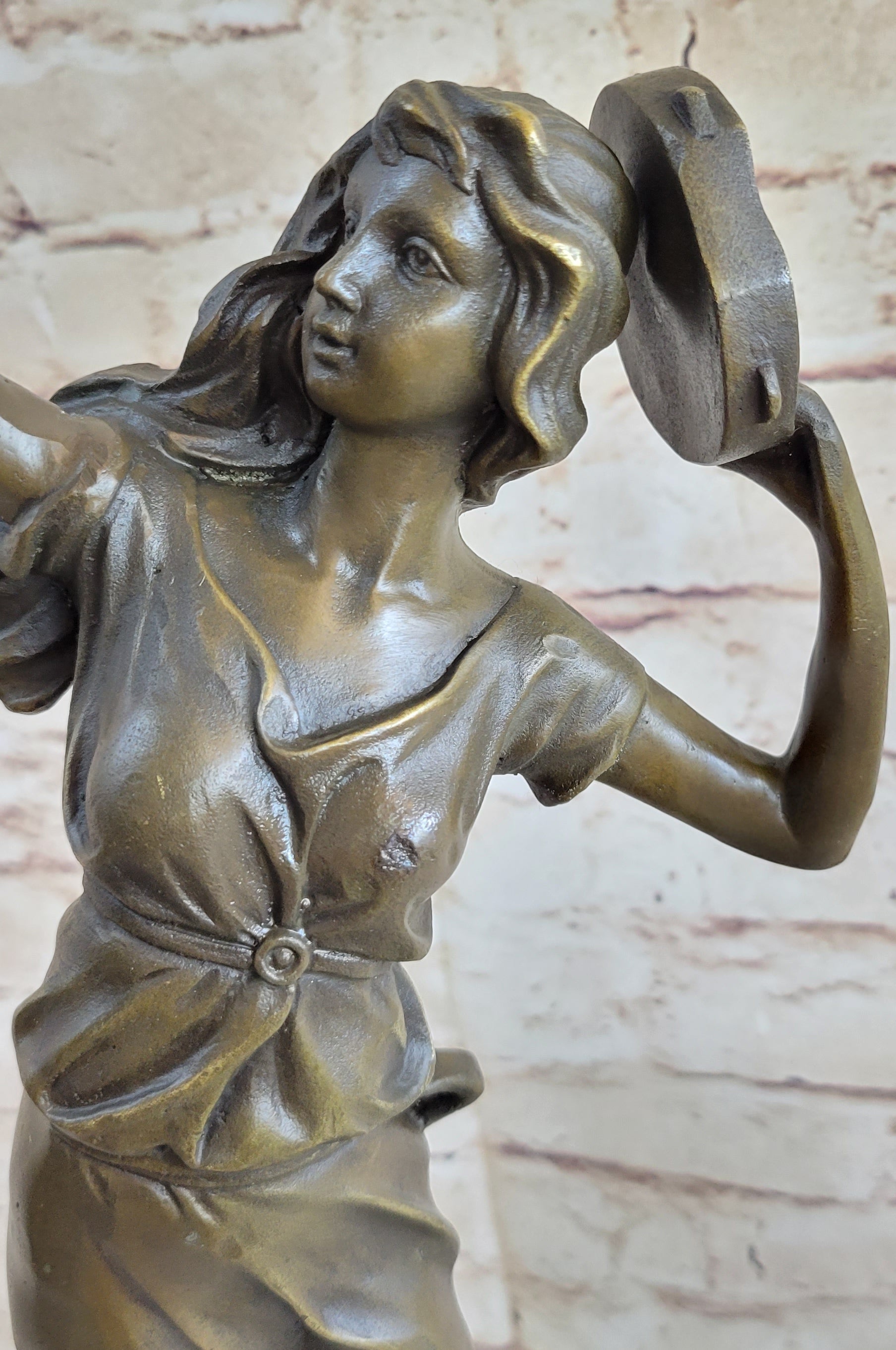 Girl Playing Tambourine Bronze Sculpture 20" x 9"