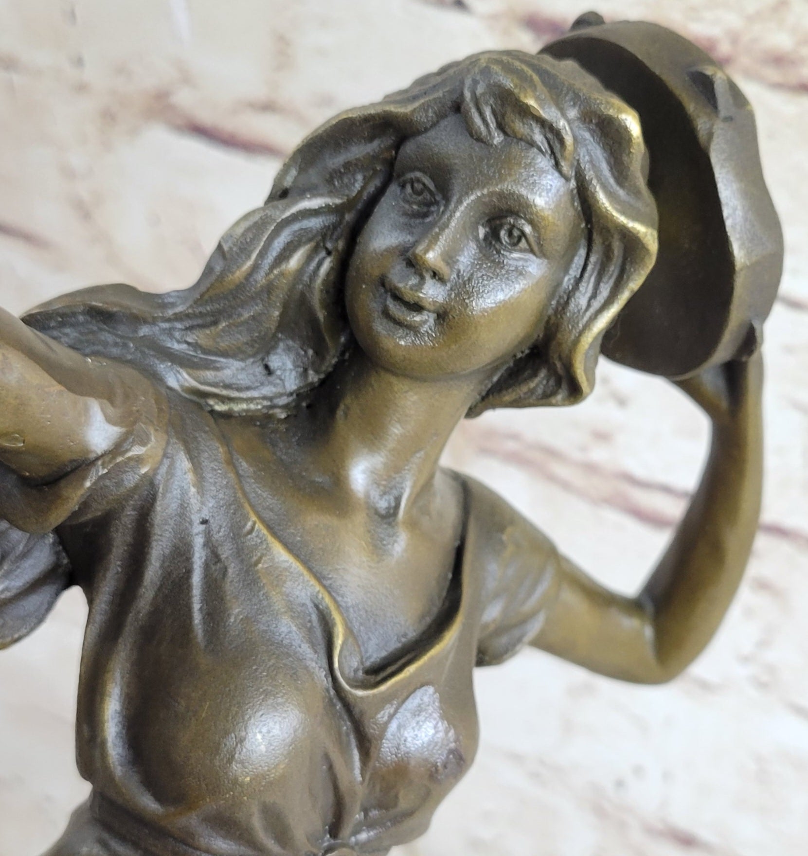 Girl Playing Tambourine Bronze Sculpture 20" x 9"