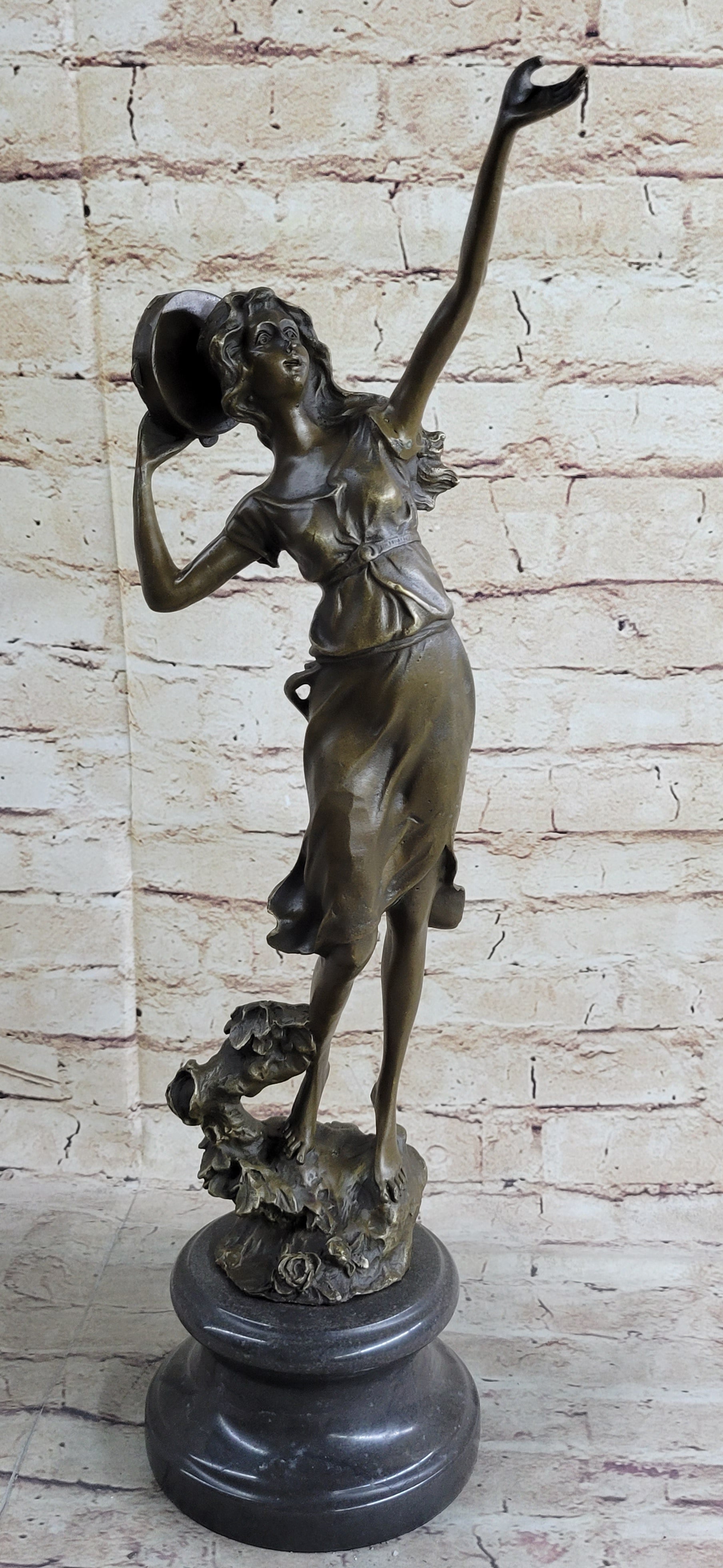 Art Deco Gypsy Girl Tambourine Dancer Bronze 20" x 9"