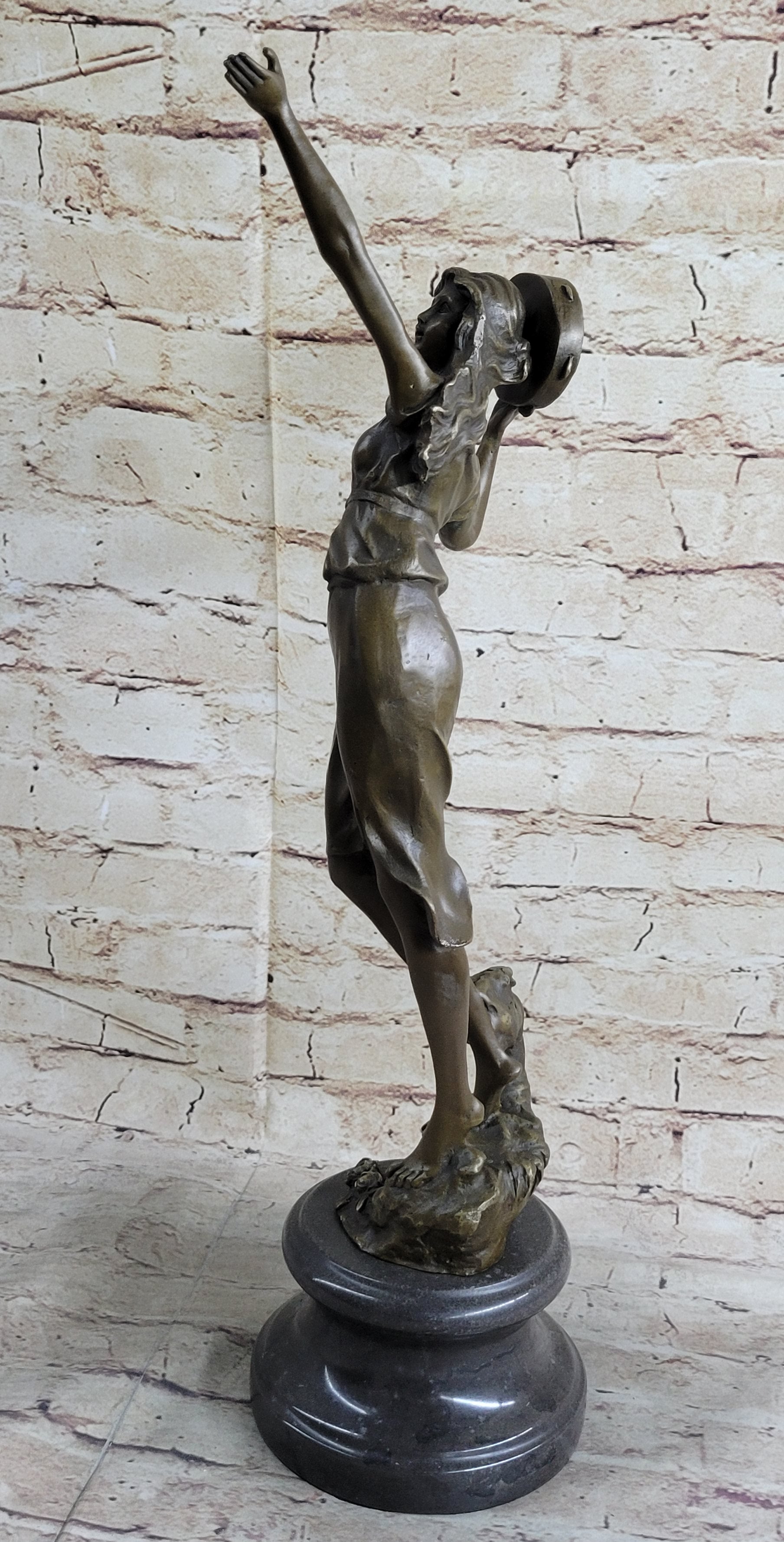 Art Deco Gypsy Girl Tambourine Dancer Bronze 20" x 9"