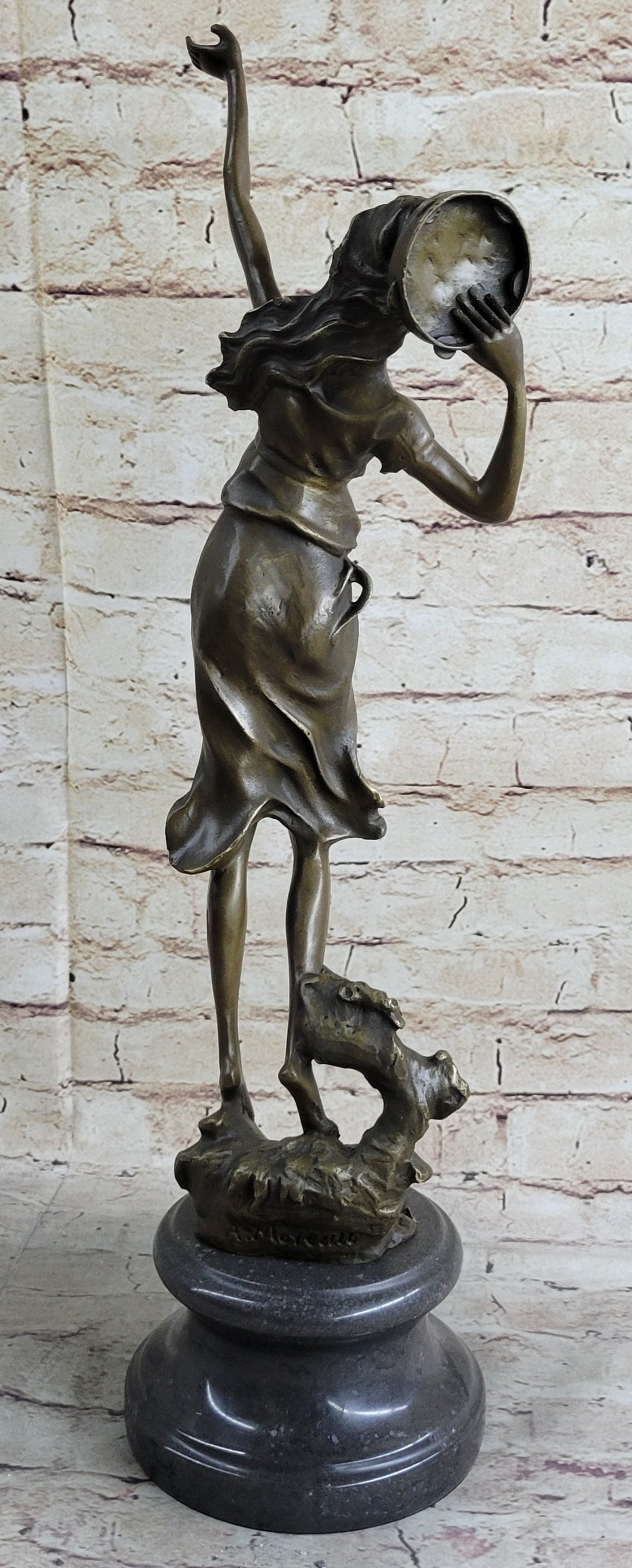 Art Deco Gypsy Girl Tambourine Dancer Bronze 20" x 9"