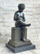 Boy Reading a Book - Bronze Sculpture Signed Art on Marble