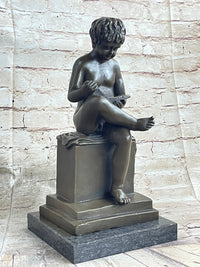 Boy Reading a Book - Bronze Sculpture Signed Art on Marble