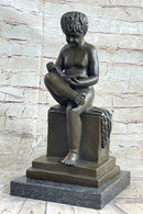 Boy Reading a Book - Bronze Sculpture Signed Art on Marble