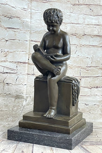 Boy Reading a Book - Bronze Sculpture Signed Art on Marble