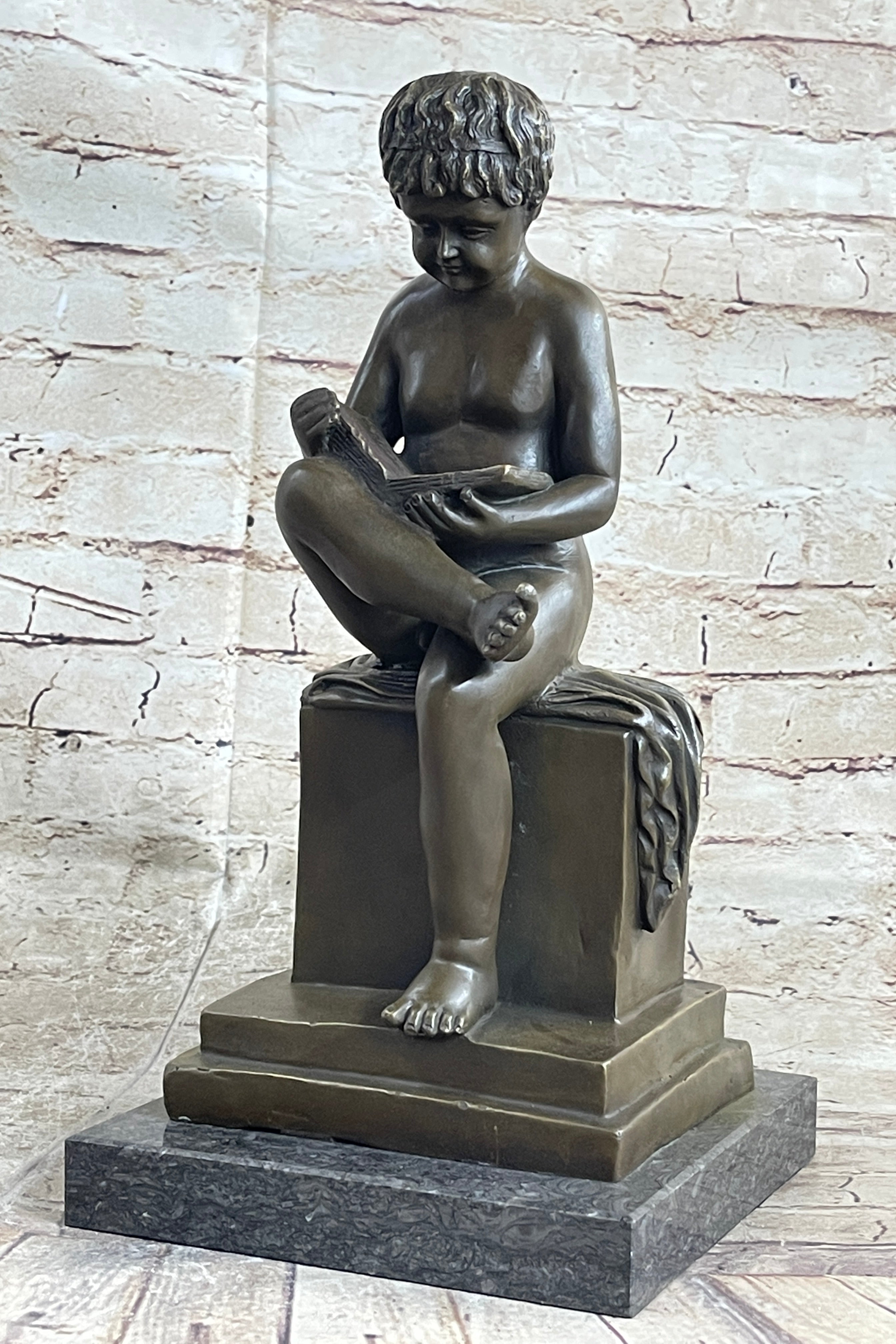 Boy Reading a Book - Bronze Sculpture Signed Art on Marble