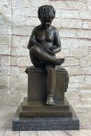 Boy Reading a Book - Bronze Sculpture Signed Art on Marble