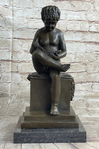 Boy Reading a Book - Bronze Sculpture Signed Art on Marble