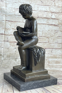 Boy Reading a Book - Bronze Sculpture Signed Art on Marble