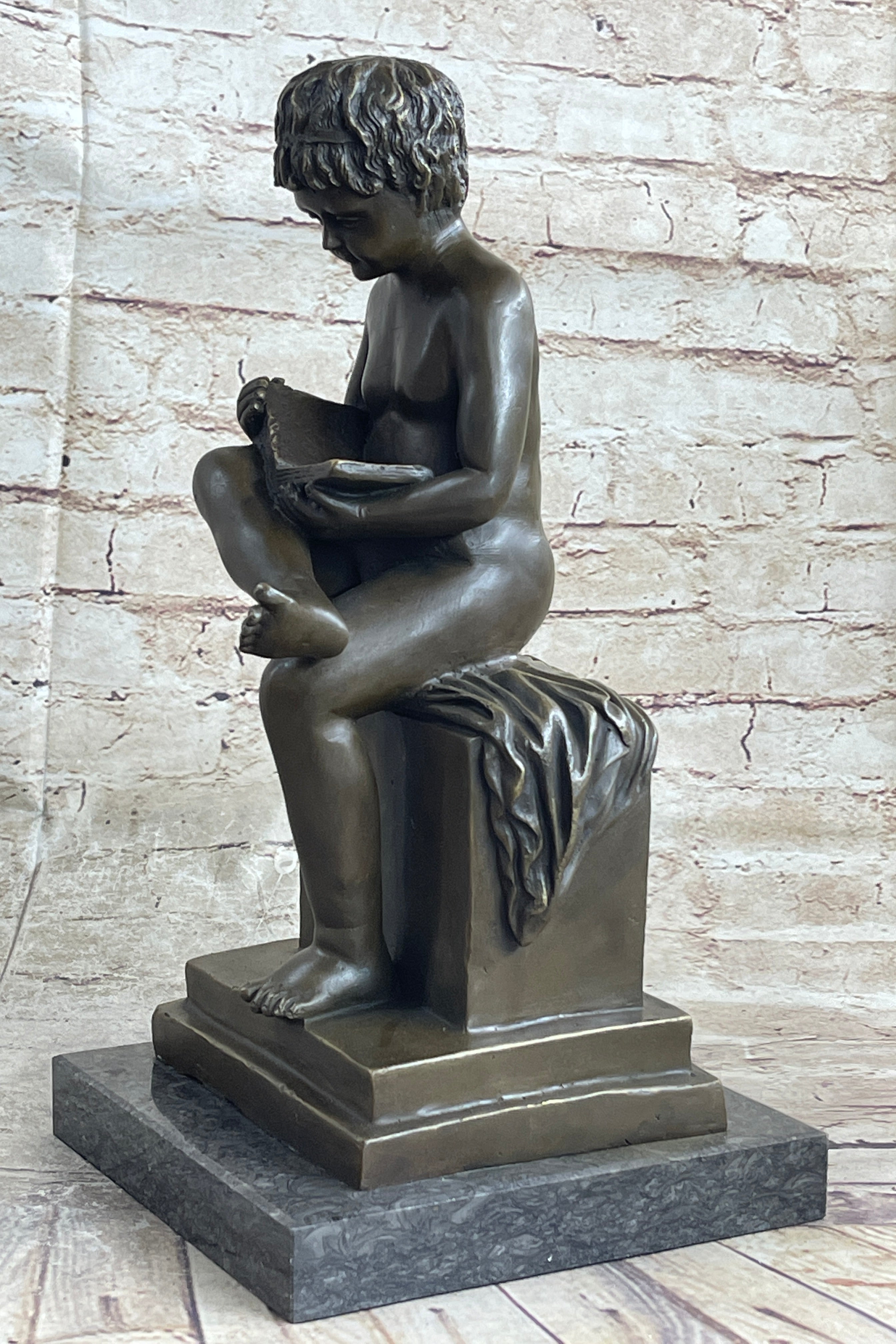 Boy Reading a Book - Bronze Sculpture Signed Art on Marble
