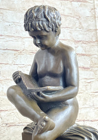 Boy Reading a Book - Bronze Sculpture Signed Art on Marble