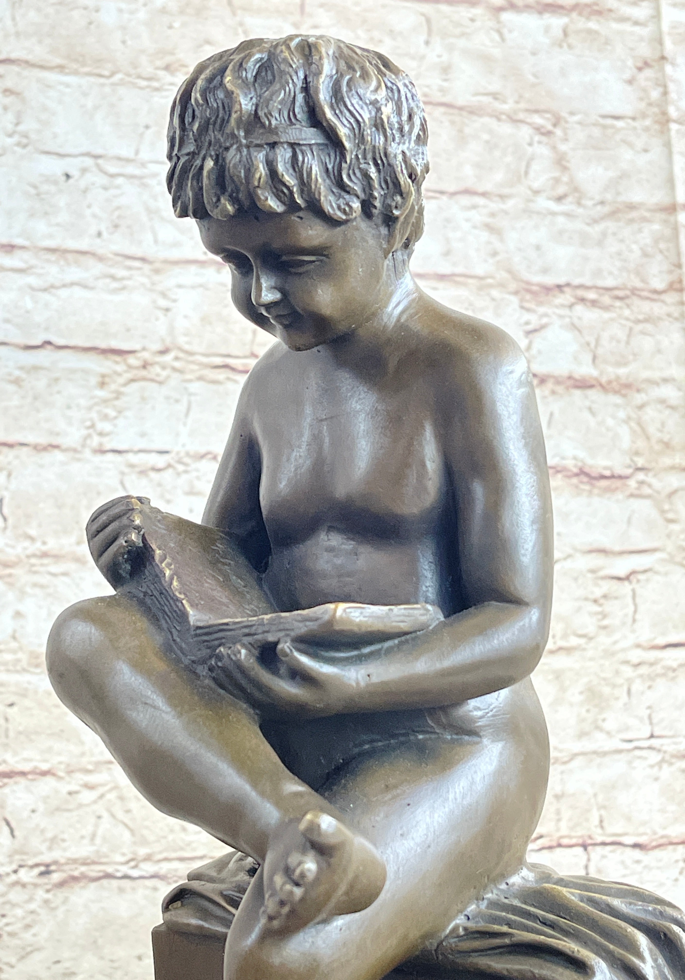 Boy Reading a Book - Bronze Sculpture Signed Art on Marble