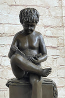Boy Reading a Book - Bronze Sculpture Signed Art on Marble