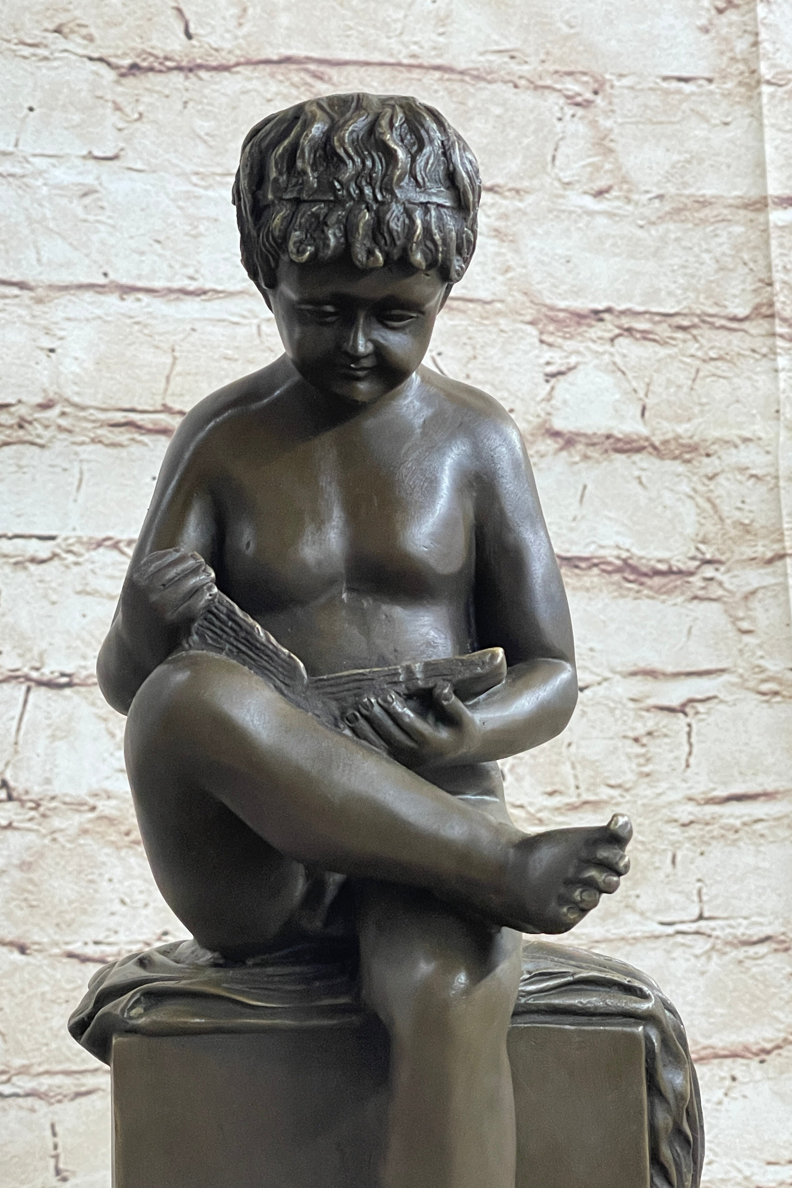 Boy Reading a Book - Bronze Sculpture Signed Art on Marble
