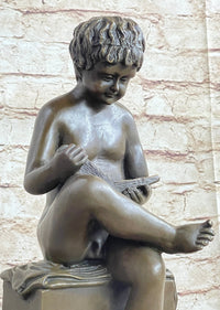 Boy Reading a Book - Bronze Sculpture Signed Art on Marble