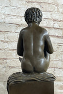 Boy Reading a Book - Bronze Sculpture Signed Art on Marble