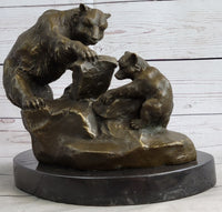 Bear & Cubs Playing - Bronze Metal Sculpture Signed Art