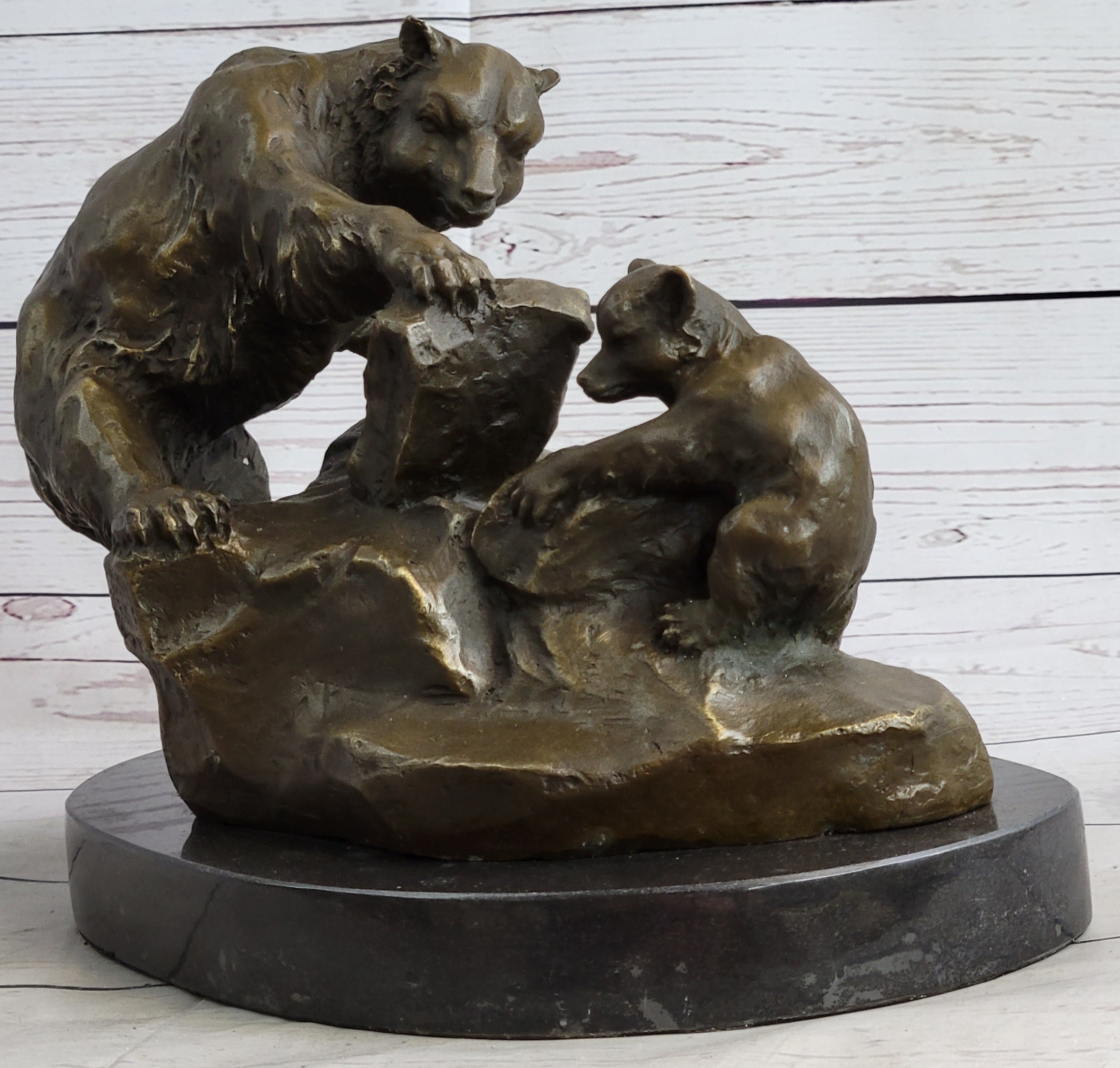 Bear & Cubs Playing - Bronze Metal Sculpture Signed Art