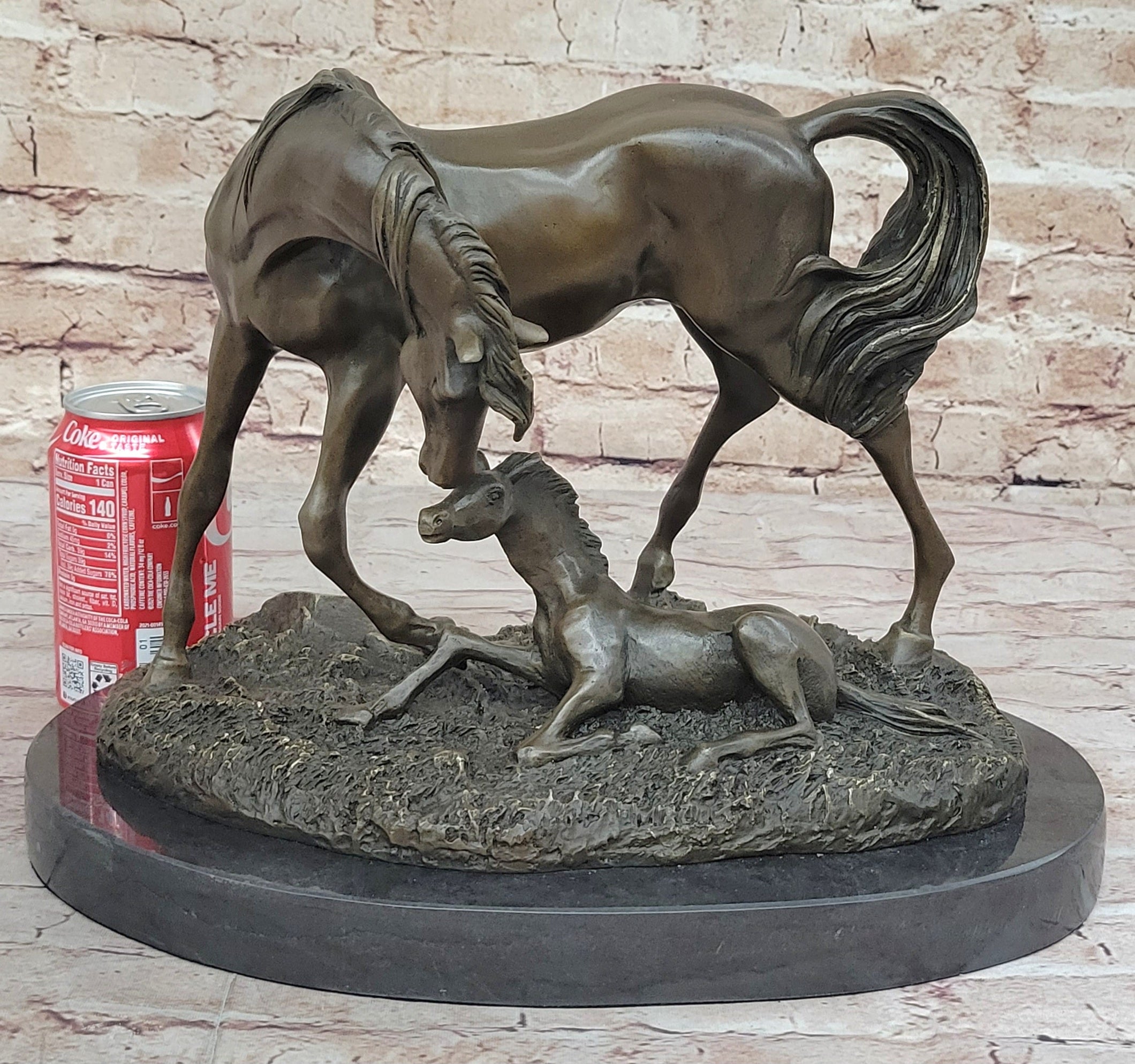 Horses Mare W/Foal Bronze Sculpture Marble Base