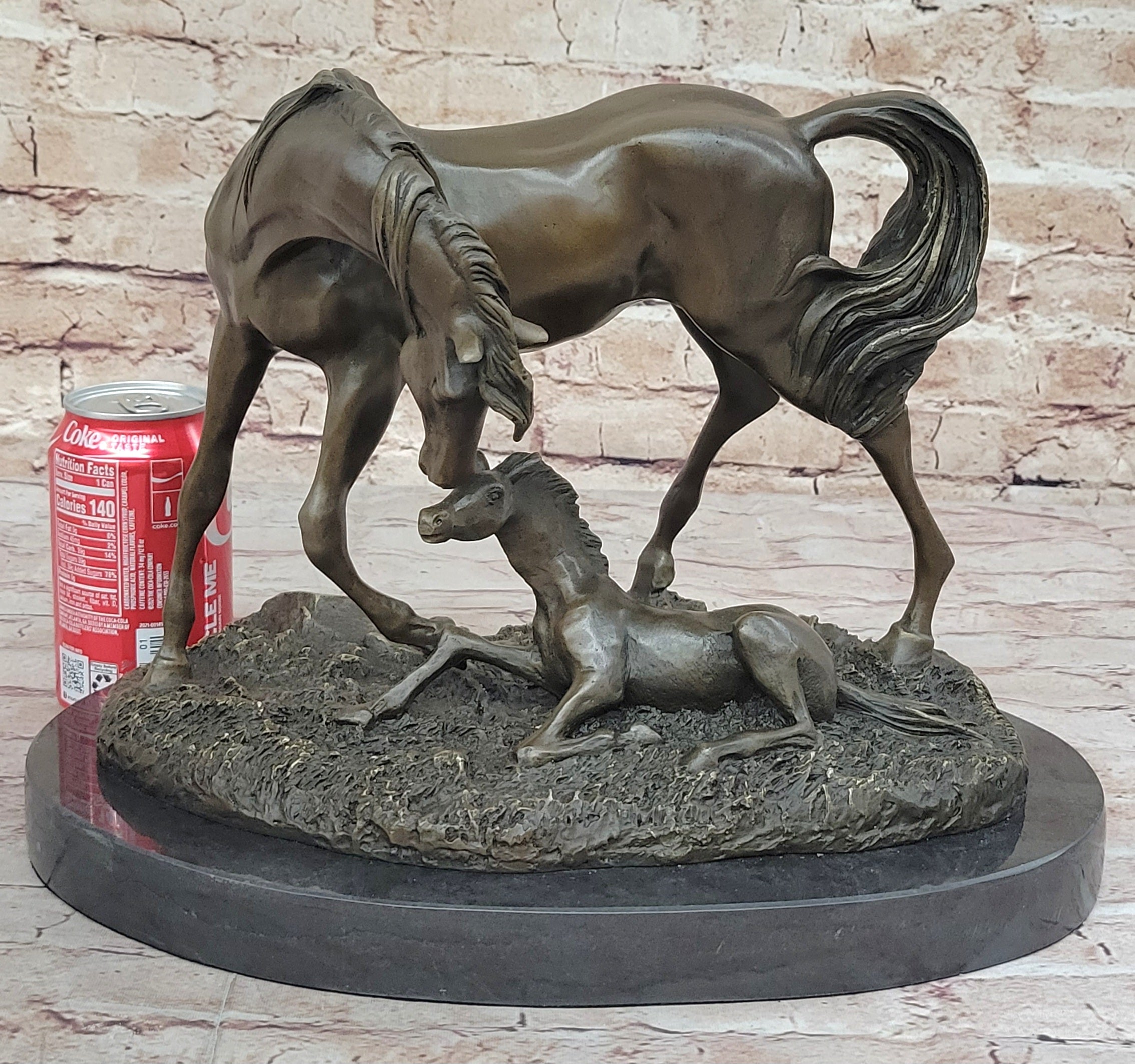 Horses Mare W/Foal Bronze Sculpture Marble Base