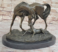 Horses Mare W/Foal Bronze Sculpture Marble Base
