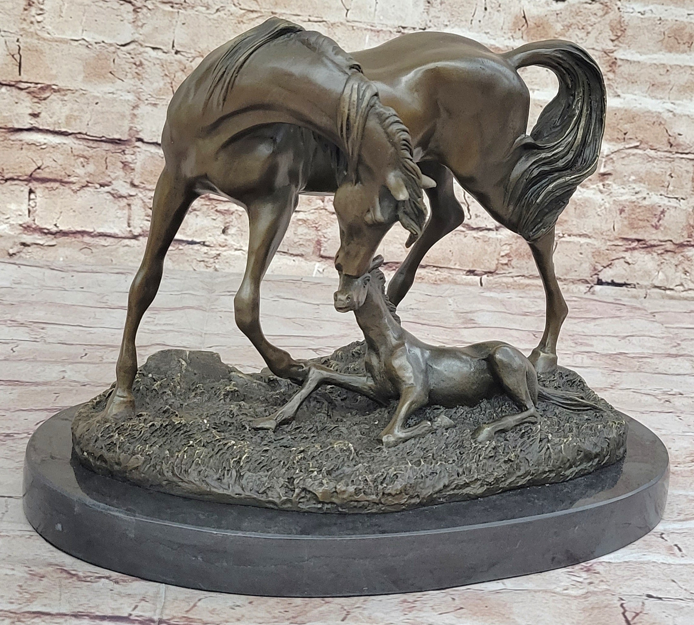 Horses Mare W/Foal Bronze Sculpture Marble Base