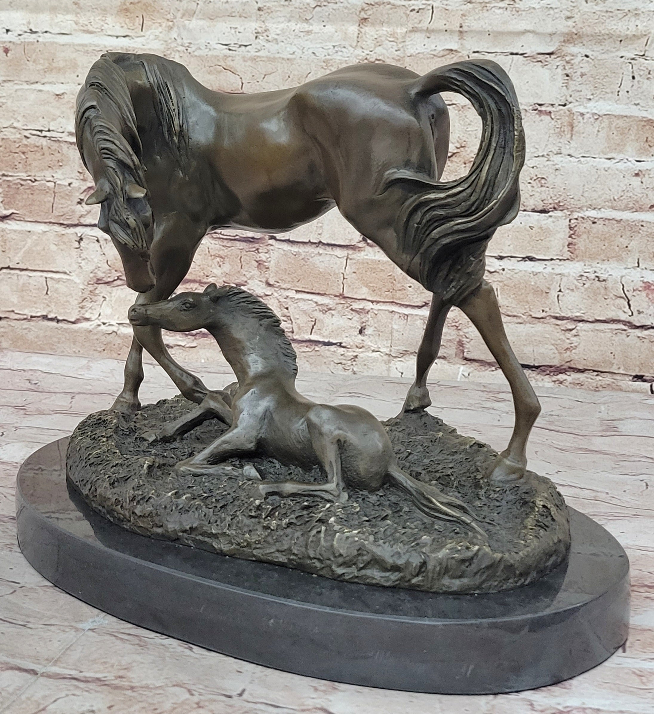 Horses Mare W/Foal Bronze Sculpture Marble Base