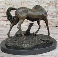 Horses Mare W/Foal Bronze Sculpture Marble Base