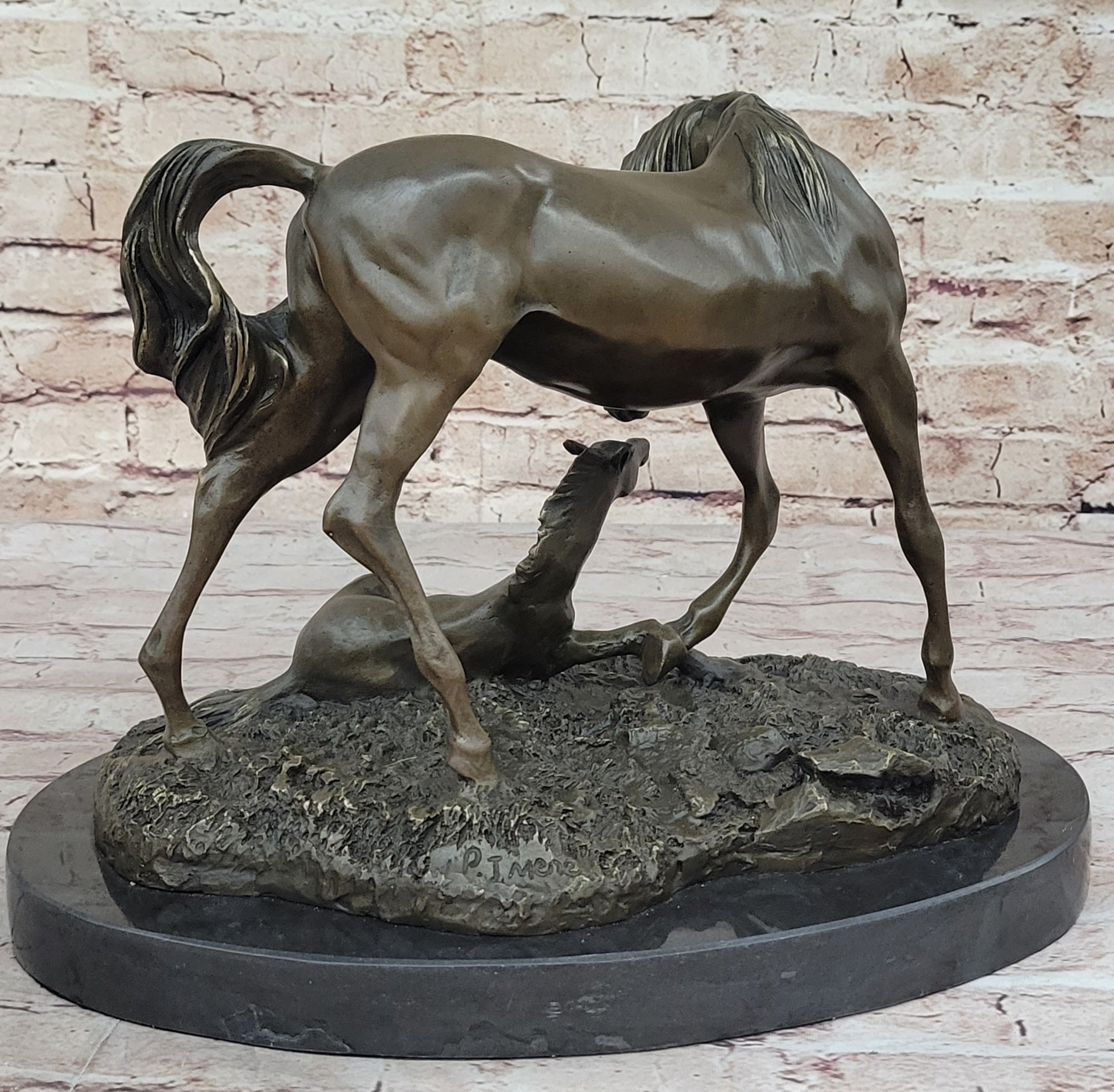 Horses Mare W/Foal Bronze Sculpture Marble Base