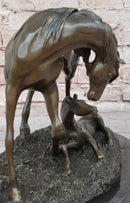 Horses Mare W/Foal Bronze Sculpture Marble Base