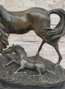 Horses Mare W/Foal Bronze Sculpture Marble Base