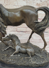 Horses Mare W/Foal Bronze Sculpture Marble Base