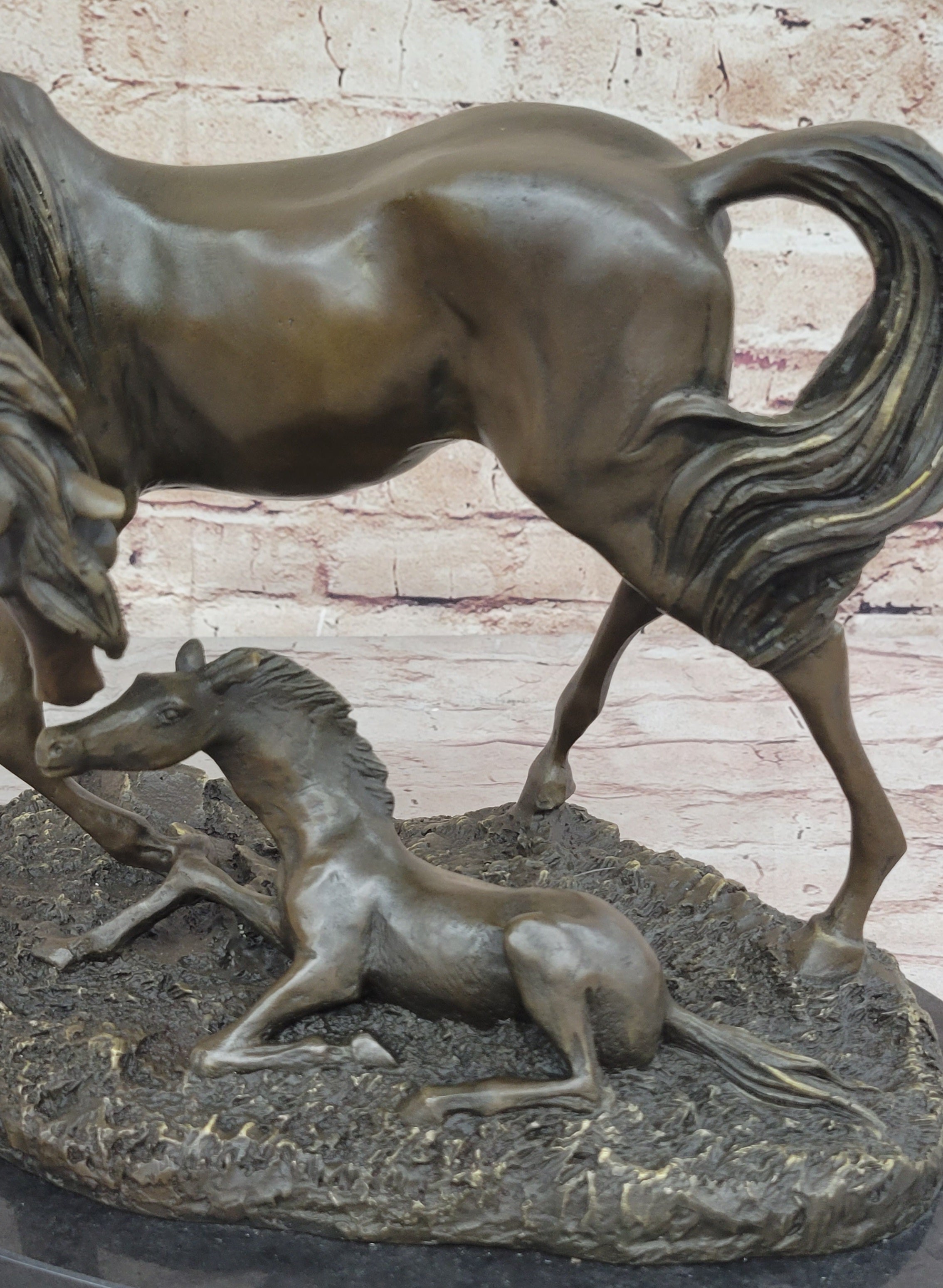 Horses Mare W/Foal Bronze Sculpture Marble Base
