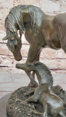 Horses Mare W/Foal Bronze Sculpture Marble Base