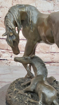 Horses Mare W/Foal Bronze Sculpture Marble Base