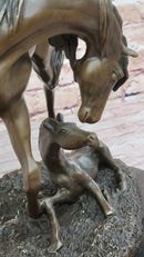 Horses Mare W/Foal Bronze Sculpture Marble Base