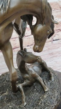 Horses Mare W/Foal Bronze Sculpture Marble Base