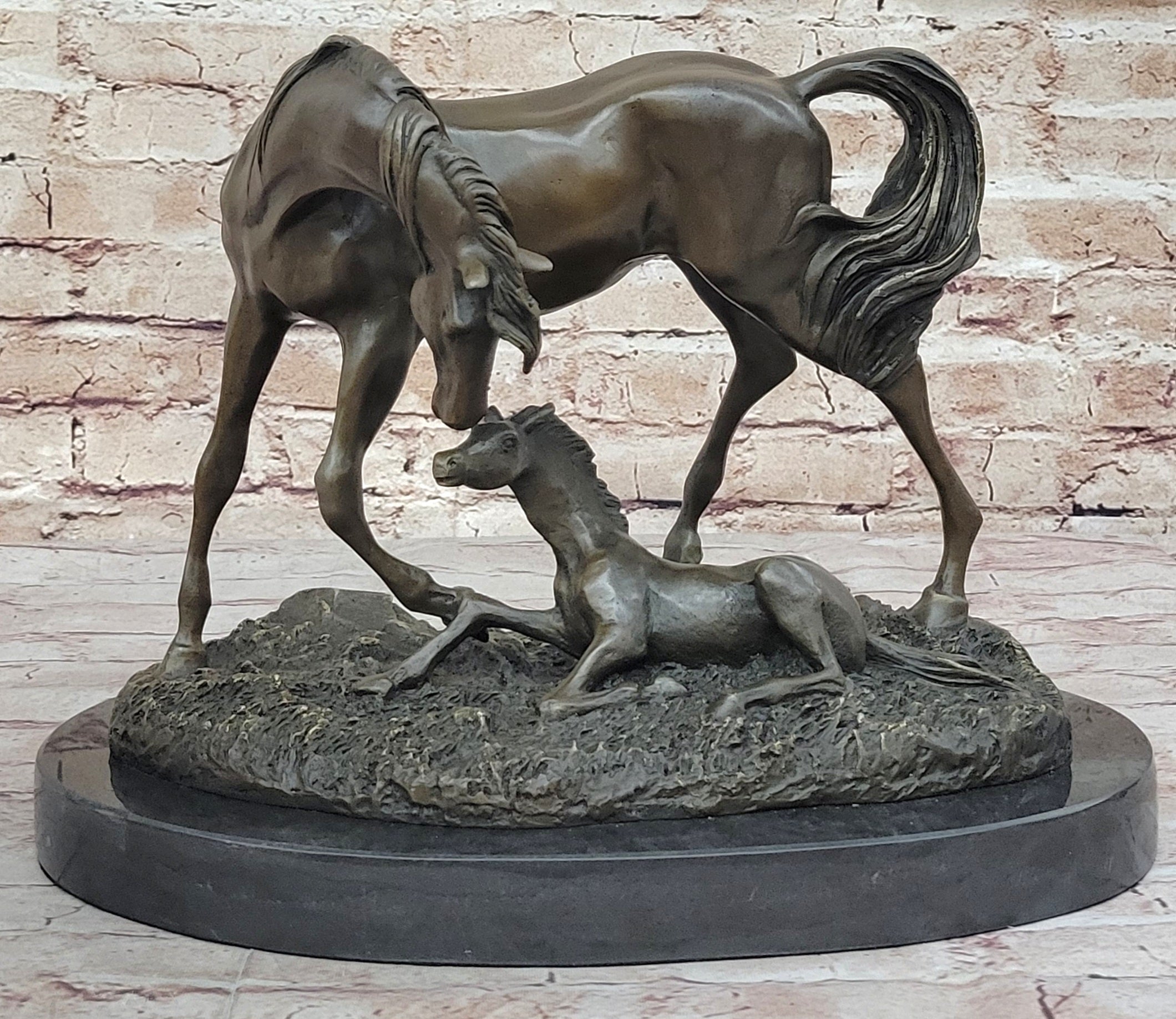 Horses Mare W/Foal Bronze Sculpture Marble Base