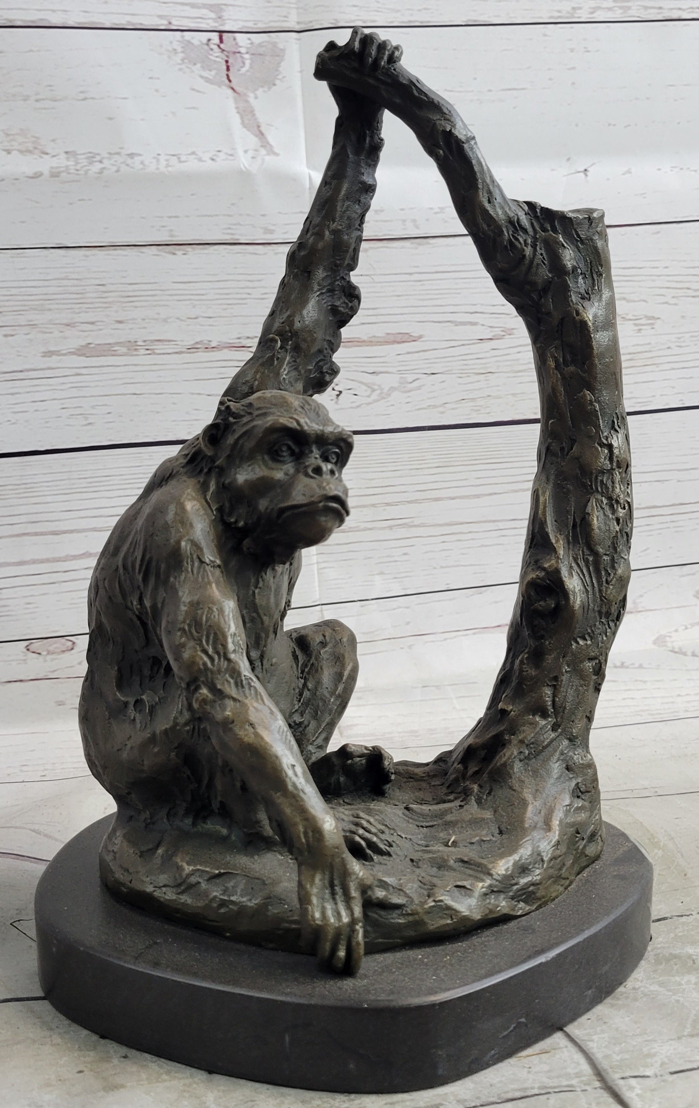 Chimpanzee Bronze Sculpture Figure Marble Base