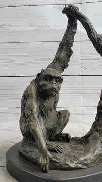 Chimpanzee Bronze Sculpture Figure Marble Base