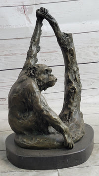 Chimpanzee Bronze Sculpture Figure Marble Base