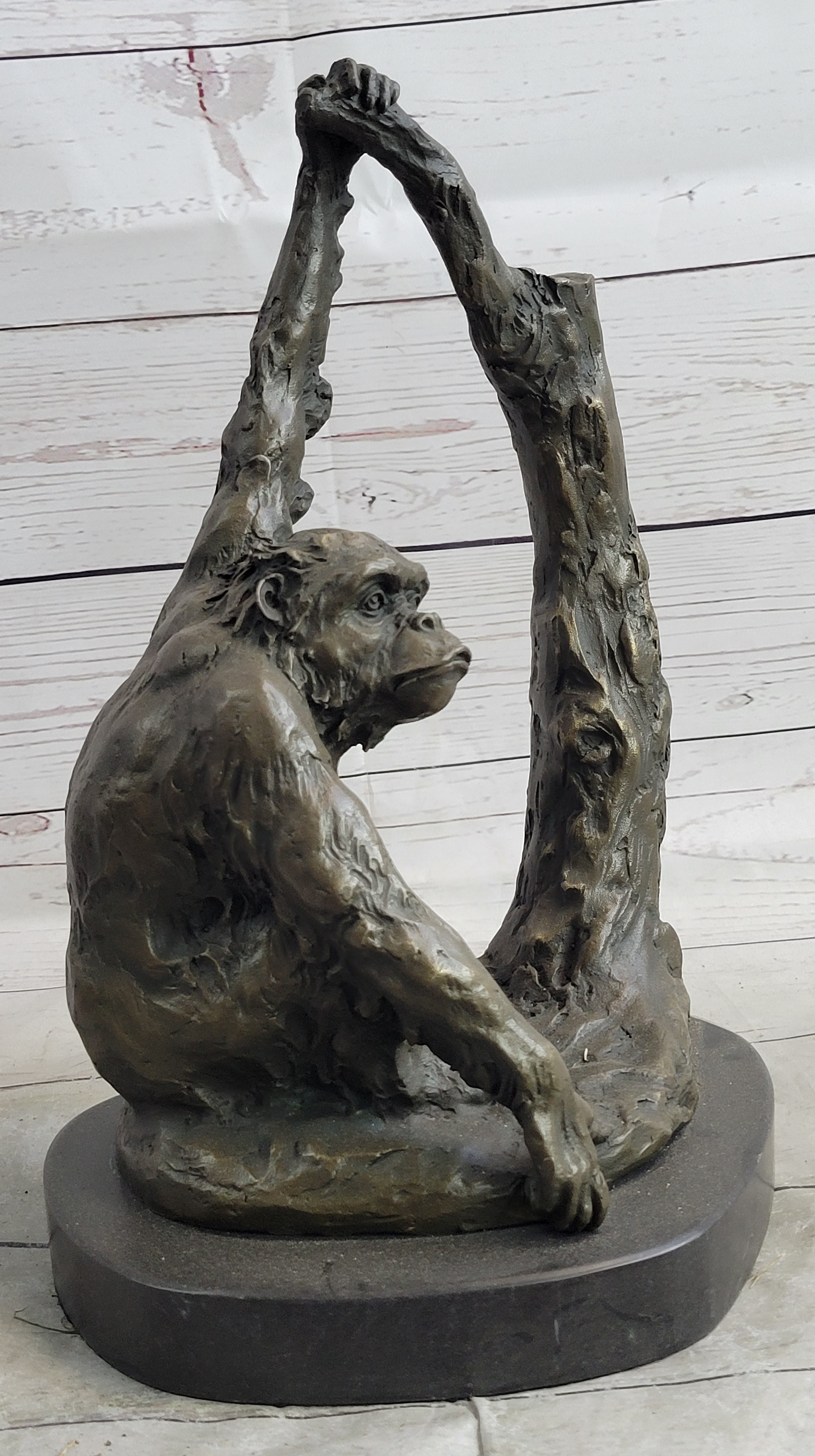 Chimpanzee Bronze Sculpture Figure Marble Base