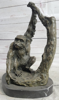 Chimpanzee Bronze Sculpture Figure Marble Base